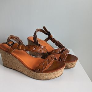 Braided leather strap cork heel wedges